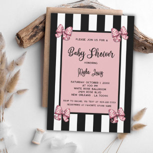 Coquette Pink Bows Black Stripe Baby Dusche Einladung