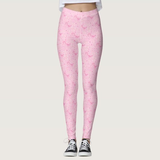 Coquette Pink Bows Handgezeichnetes Muster Leggings (Vorderseite)