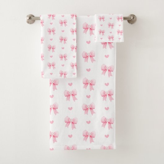 Coquette Pink Bows Ribbons Nahtloses Muster Badhandtuch Set (Insitu)