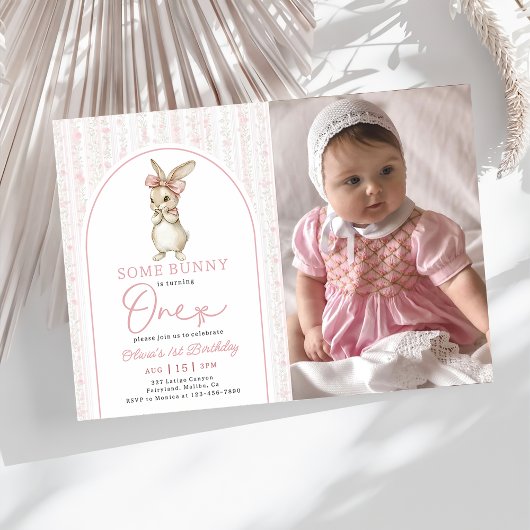 Coquette Pink Bunny Rabbit 1st Birthday Invitation Einladung