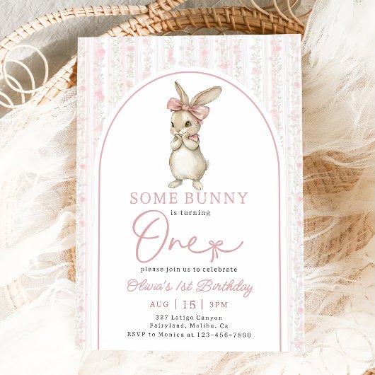Coquette Pink Bunny Rabbit 1st Birthday Invitation Einladung