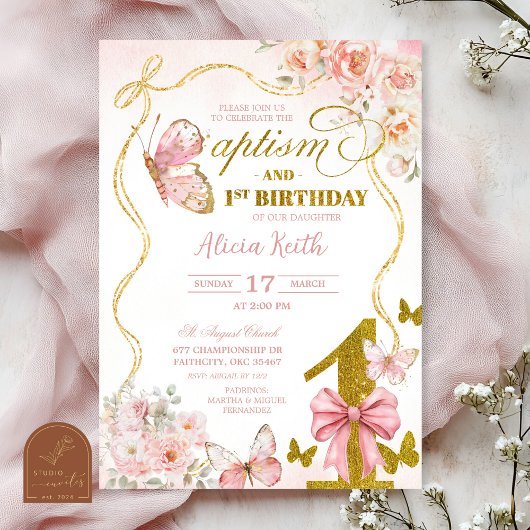 Coquette Pink Butterfly baptism and first birthday Einladung