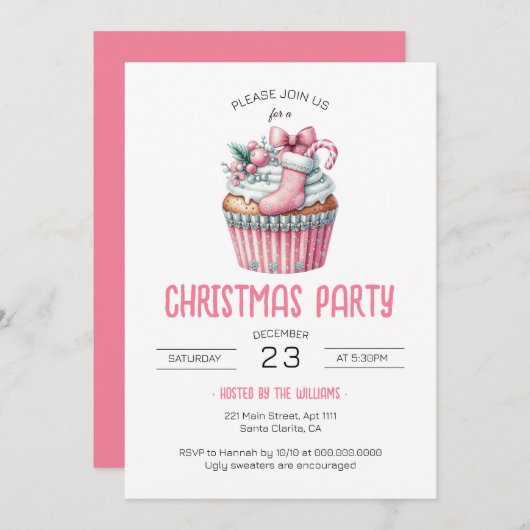 Coquette Pink Cupcake Weihnachts-Party Einladung (Vorne/Hinten)