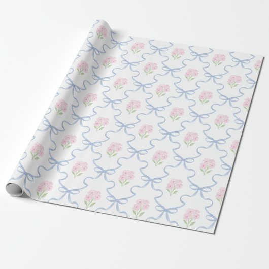 Coquette Pink Forget-Me-Nots Blue Bow Trellis Geschenkpapier (Ungerollt)