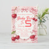 Coquette Pink Gingham Kirsch Geburtstag Einladung (Stehend Vorderseite)