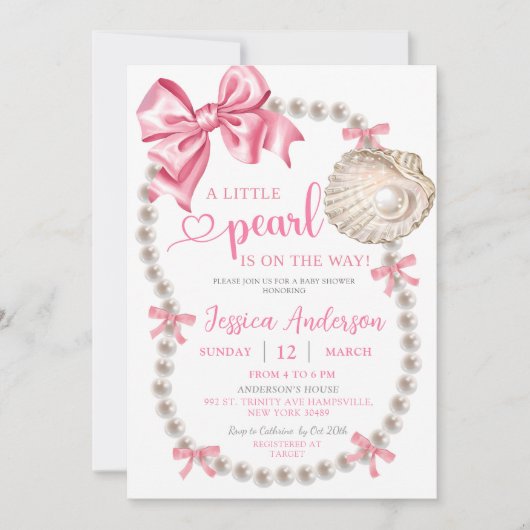 Coquette Pink Girl Pearls Kinderdusche Einladung (Vorderseite)