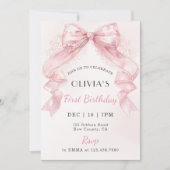 Coquette Pink Lace Bow Girl First Birthday Einladung (Vorderseite)