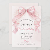 Coquette Pink Lace Bow Girl First Birthday Einladung (Vorne/Hinten)