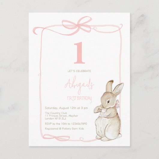 Coquette Pink Peter das Kaninchen Mädchen 1. Gebur Postkarte (Vorderseite)