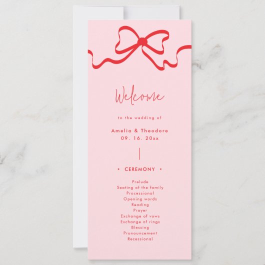 Coquette Pink Red Bow Wedding Program Einladung (Vorderseite)