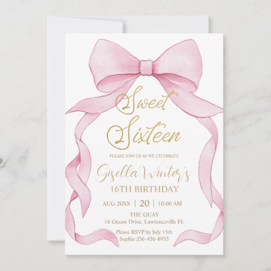 Coquette Pink Ribbon Bows Sweet 16 Birthday Einladung (Vorderseite)
