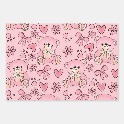 Coquette Pink Teddy Bear Seamless Pattern Geschenkpapier Set (Vorderseite)