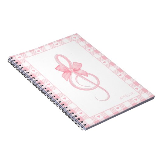 Coquette Pink Treble Clef Bow Gingham Pattern Notizblock (Rechte Seite)