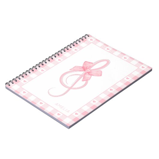 Coquette Pink Treble Clef Bow Gingham Pattern Notizblock (Linke Seite)