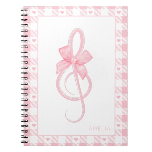 Coquette Pink Treble Clef Bow Gingham Pattern Notizblock (Vorderseite)