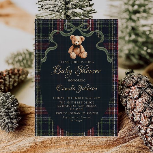 Coquette Plaid Teddy Bear Baby Shower Invitation Einladung
