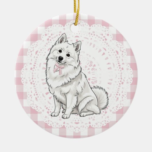 Coquette Pomeranian Dog Pink Gingham Bows Keramik Ornament (Vorne)