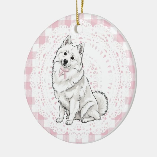 Coquette Pomeranian Dog Pink Gingham Bows Keramik Ornament (Links)