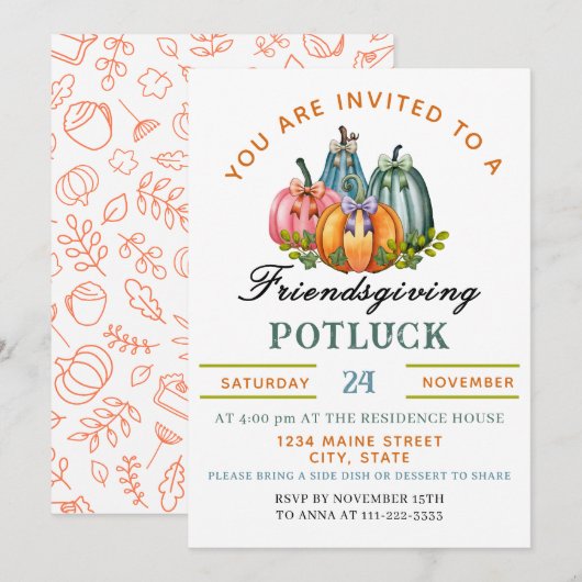 Coquette Pumpkin Friendsgiving Potluck Einladung (Vorne/Hinten)