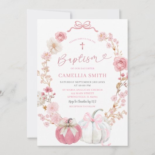 Coquette Pumpkin Taufe Weiß und Rosa Einladung (Vorderseite)