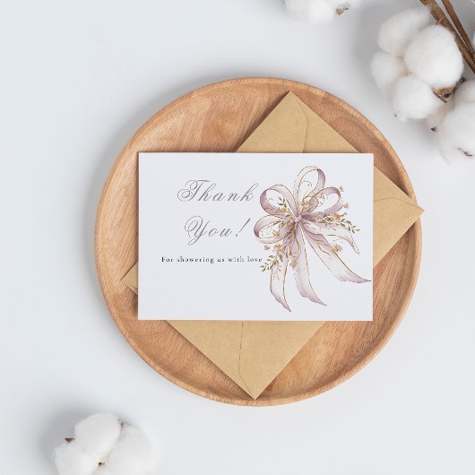 Coquette purple bow baby shower dankeskarte