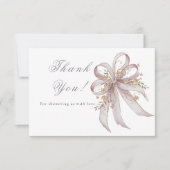 Coquette purple bow baby shower dankeskarte (Vorderseite)