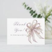 Coquette purple bow baby shower dankeskarte (Stehend Vorderseite)