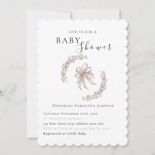 Coquette purple bow baby shower Invitation  Einladung (Vorderseite)