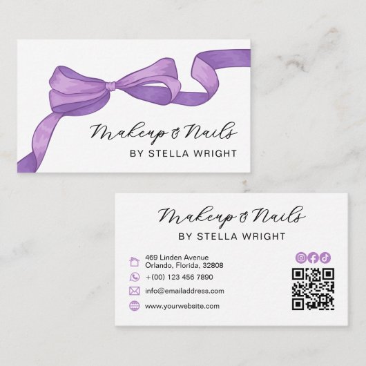 Coquette Purple Bow Beauty QR Code Visitenkarte (Vorne/Hinten)