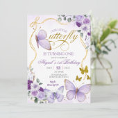 Coquette Purple Butterfly Birthday Einladung (Stehend Vorderseite)