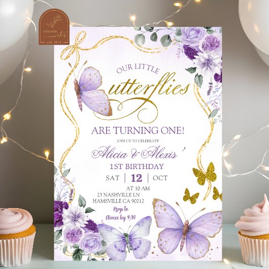 Coquette Purple Butterfly Twins Birthday Einladung