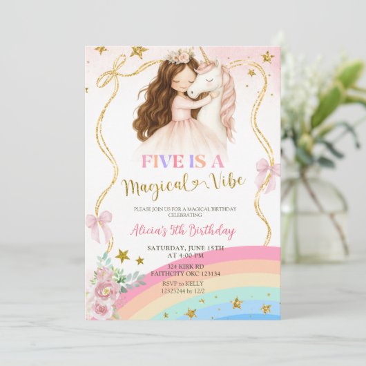 Coquette Rainbow Pastel Unicorn Magical Birthday Einladung (Stehend Vorderseite)