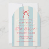Coquette Red Bow & Blue Stripes Bat Mitzvah Einladung (Vorderseite)