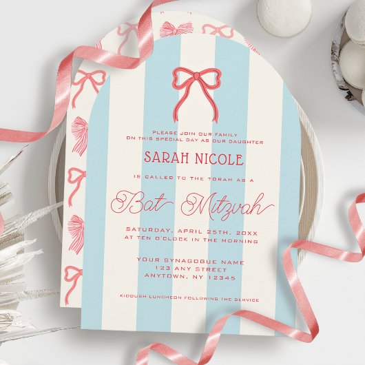 Coquette Red Bow & Blue Stripes Bat Mitzvah Einladung