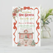 Coquette Red Bow Christmas Sweet Shop 1st Birthday Einladung (Stehend Vorderseite)