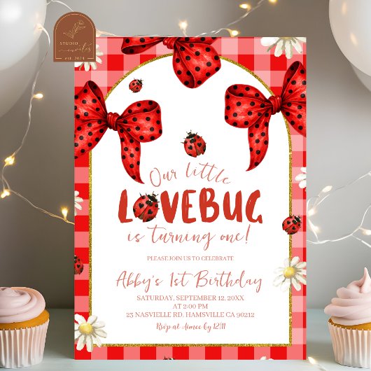 Coquette Red Bow Lovebug First Birthday Invitation Einladung