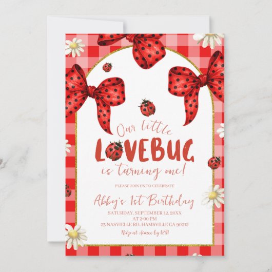 Coquette Red Bow Lovebug First Birthday Invitation Einladung (Vorderseite)