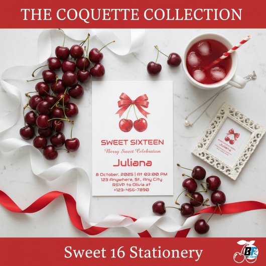 Coquette Red Cherry Bow Berry Sweet 16 Birthday Einladung
