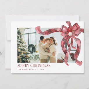 Coquette Red Kariert Gift Bow Foto Weihnachtskarte Feiertagskarte