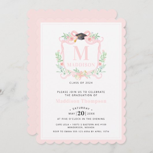 Coquette Ribbon Abschluss Monogram Wappen Einladung (Vorne/Hinten)