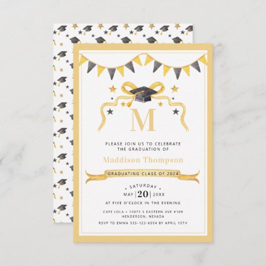 Coquette Ribbon Abschluss Monogram Wappen Einladung (Vorne/Hinten)