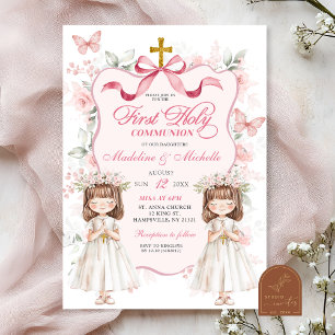 Coquette Ribbon Floral Twins Erste Heilige Kommune Einladung