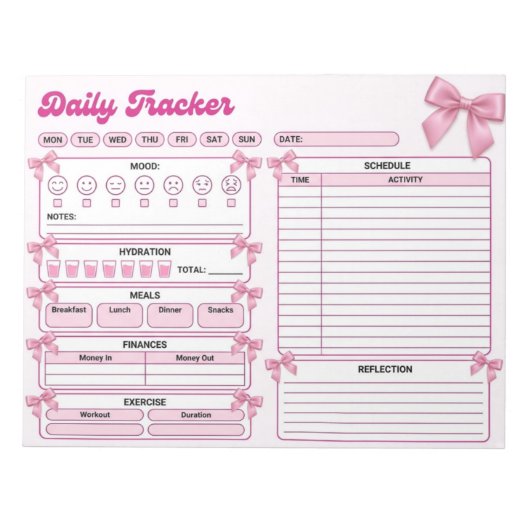 Coquette Rosa Bogen Tages-Tracker Notizblock (Vorderseite)
