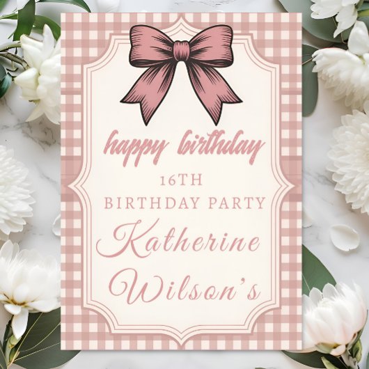 Coquette Rosa Schleife & Gingham Sweet 16 Karte
