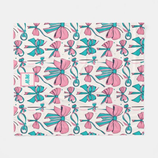 Coquette rosa und aquamarine Bogen Monogramm Fleecedecke (Vorderseite (Horizontal))
