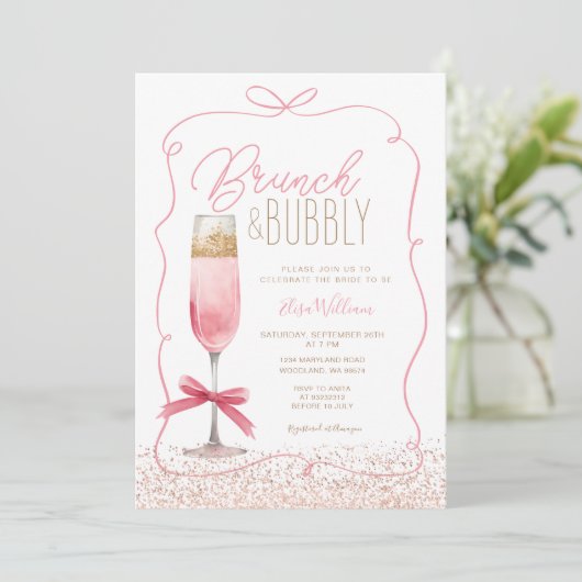 Coquette Rose Gold Brunch & Bubbly Brautparty Einladung (Stehend Vorderseite)