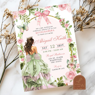 Coquette Royal Garden Sage Blush Pink Quinceanera Einladung