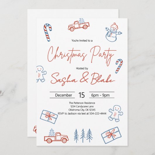 Coquette Rustic Red & Blue Weihnachts-Party Einladung (Vorne/Hinten)