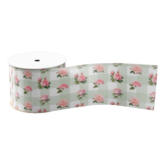 Coquette Sage Gingham & Roses Ripsband (Spule)