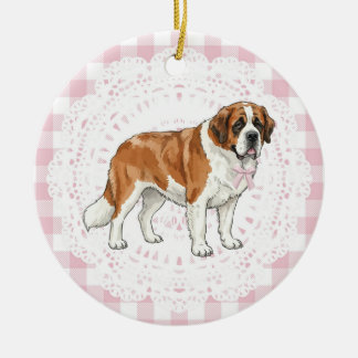 Coquette Saint Bernard Dog Pink Gingham Bows Keramik Ornament